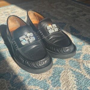 Ganni Black Leather Loafers with Silver Detail